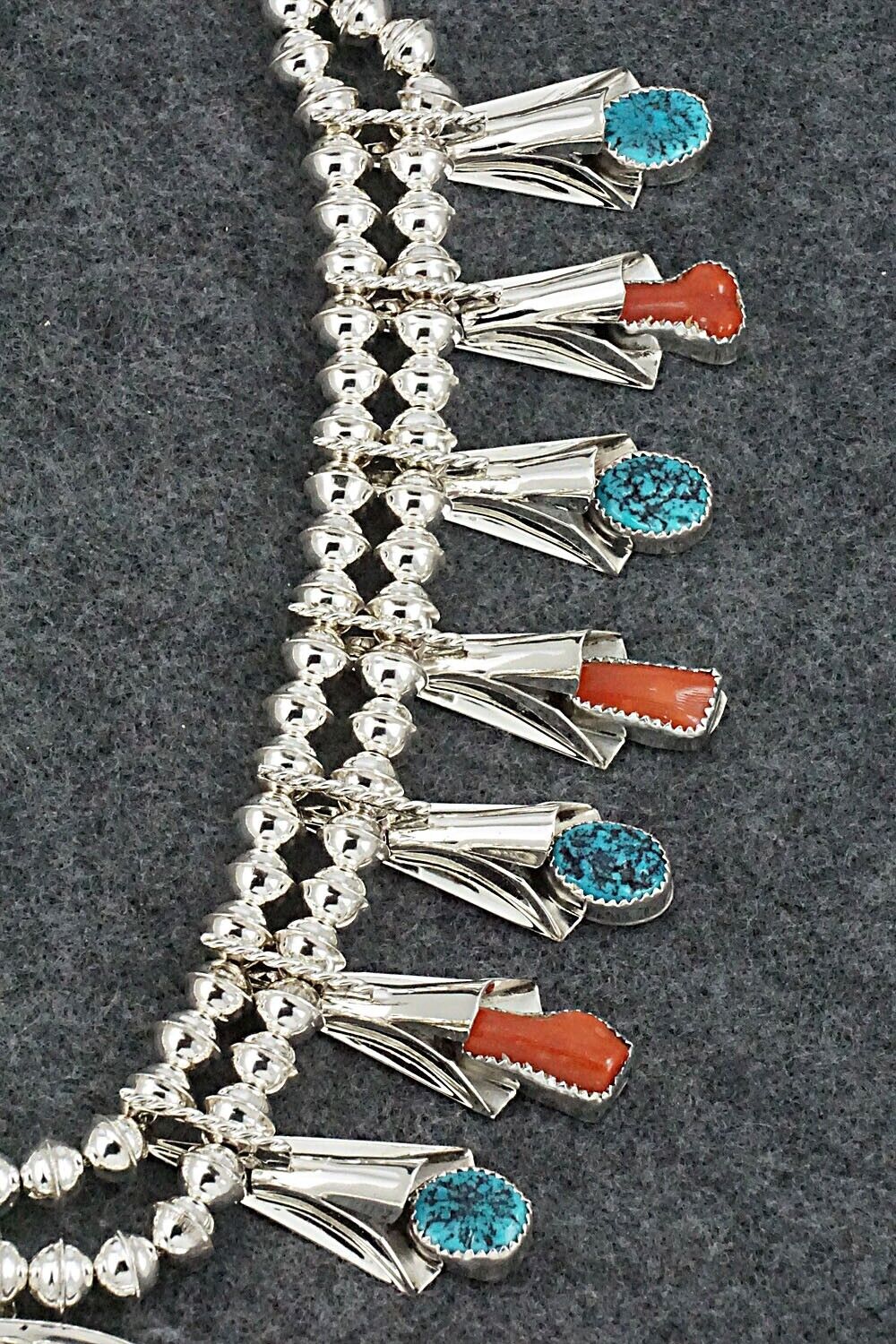 Turquoise, Coral & Sterling Silver Squash Blossom Set - Louise Yazzie
