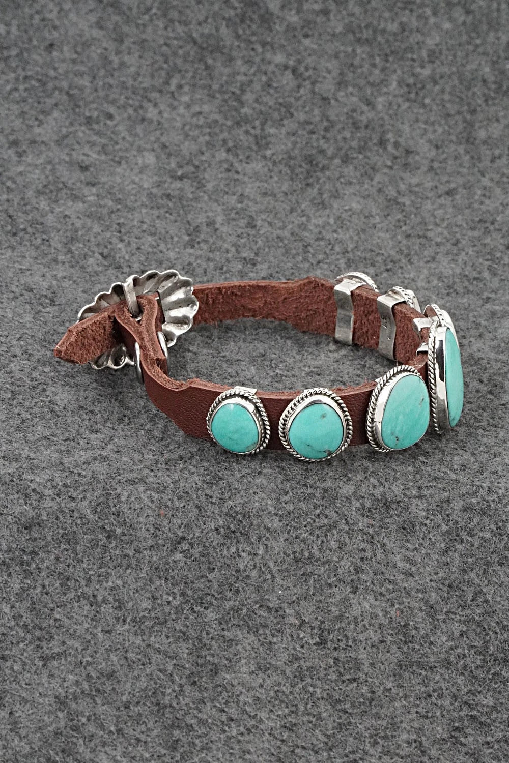 Turquoise, Spiny Oyster, Sterling Silver & Leather Bracelet - Bonnie Willie