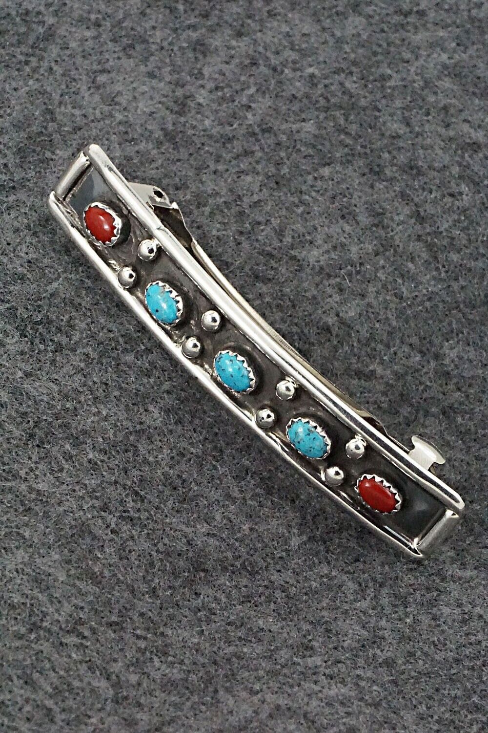 Turquoise, Coral & Sterling Silver Hair Barrette - Paul Largo