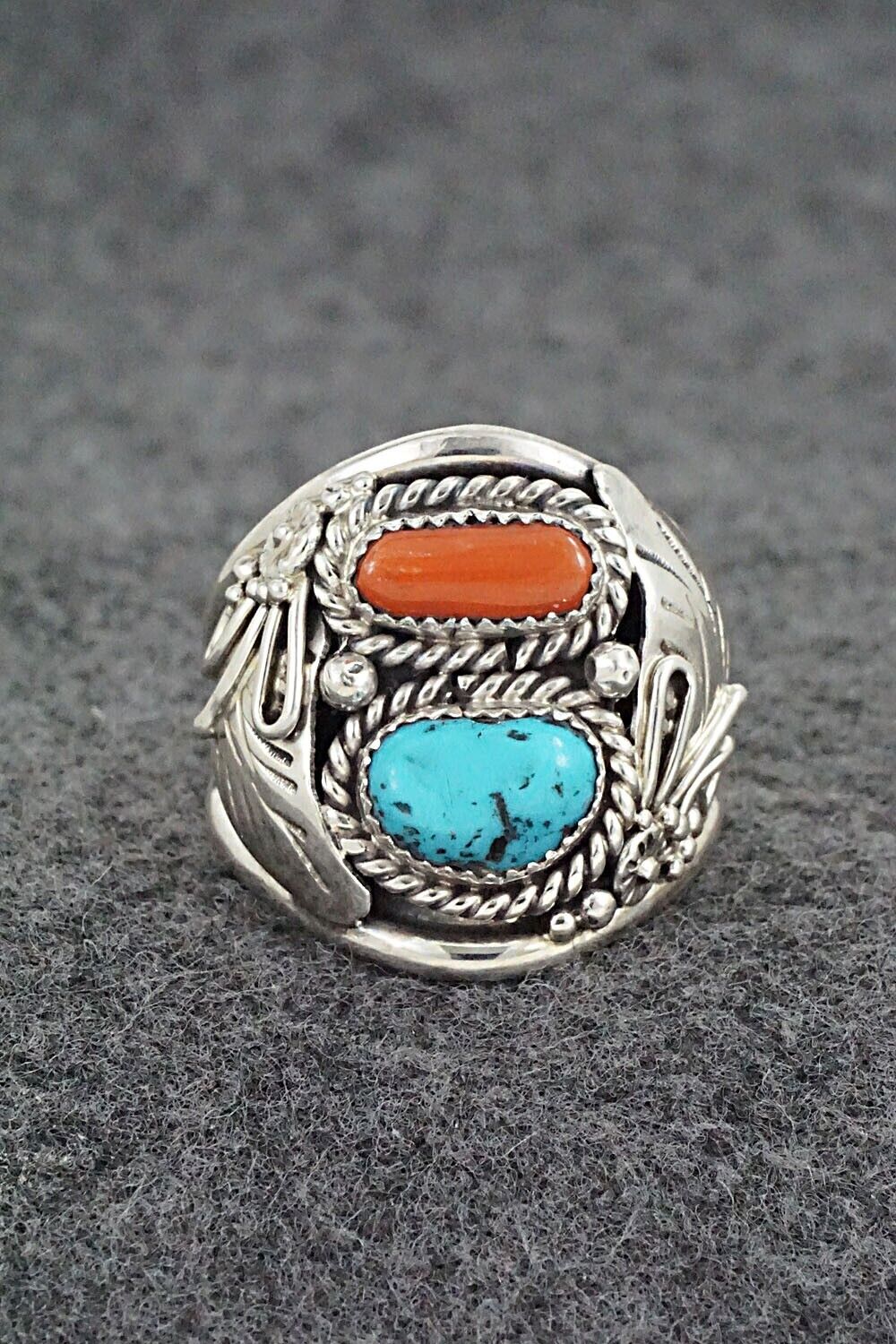 Turquoise, Coral & Sterling Silver Ring - Leonard Spencer - Size 11.5