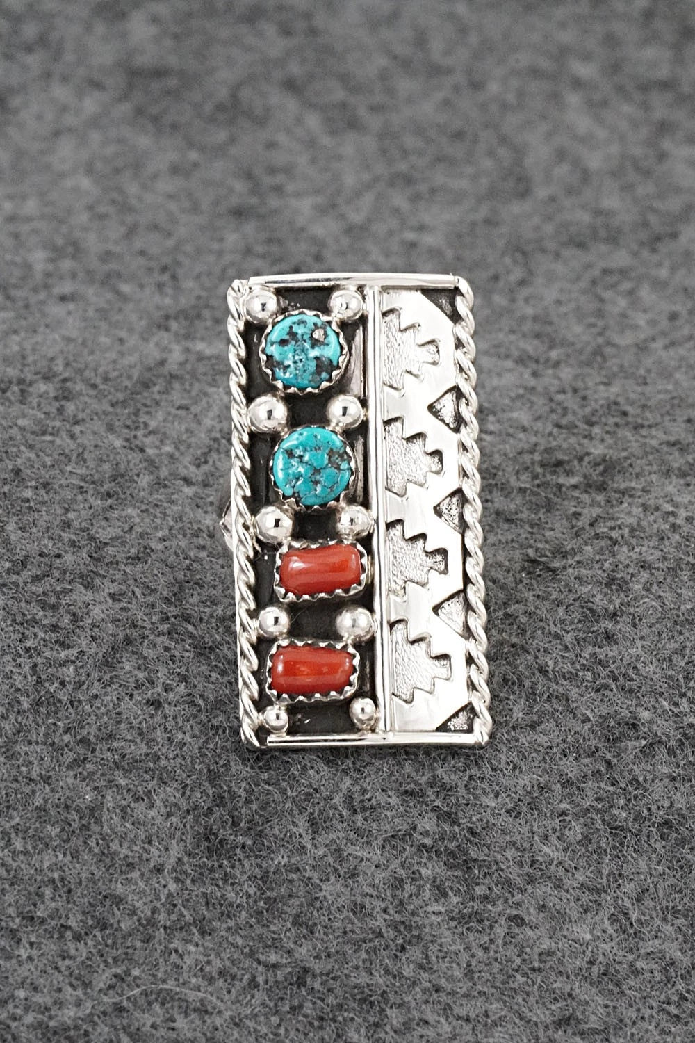 Turquoise, Coral & Sterling Silver Ring - Ronnie Spencer - Size 7