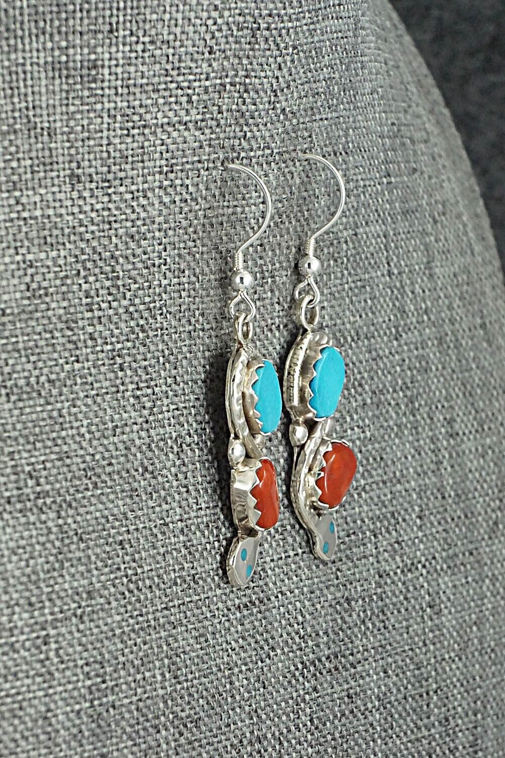 Turquoise, Coral & Sterling Silver Earrings - Joy Calavaza
