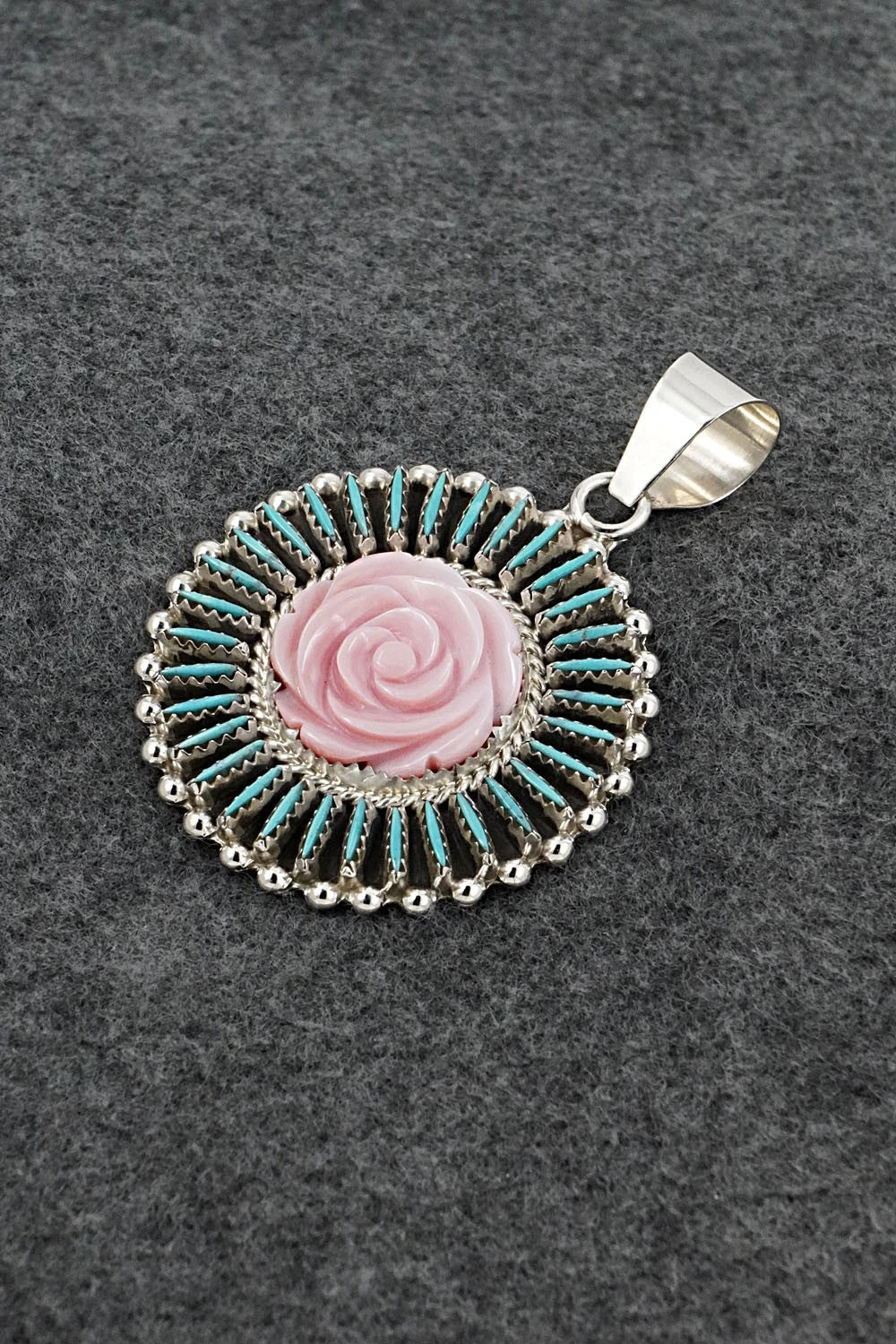 Turquoise, Pink Conch & Sterling Silver Pendant - Roland Francisco