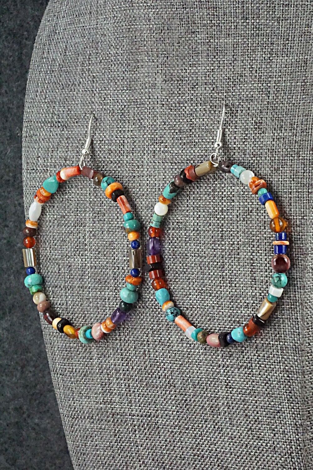 Multi Stone & Sterling Silver Hoop Earrings - Helen Tsosie