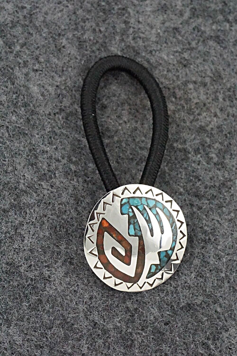 Turquoise, Coral Chip Inlay & Sterling Silver Hair Tie - Joleen Yazzie
