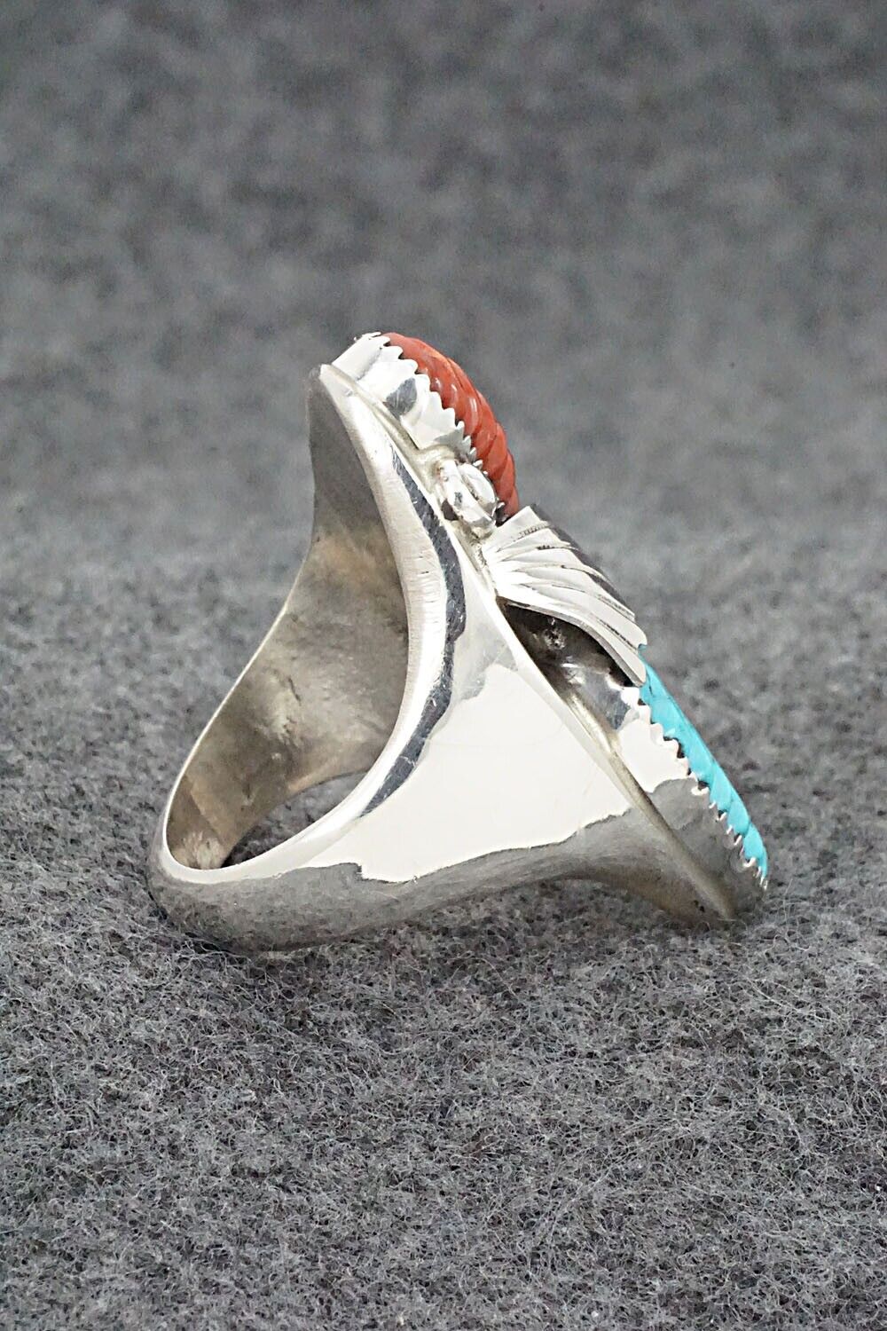 Turquoise, Coral & Sterling Silver Ring - Lyolita Tsattie - Size 10.5