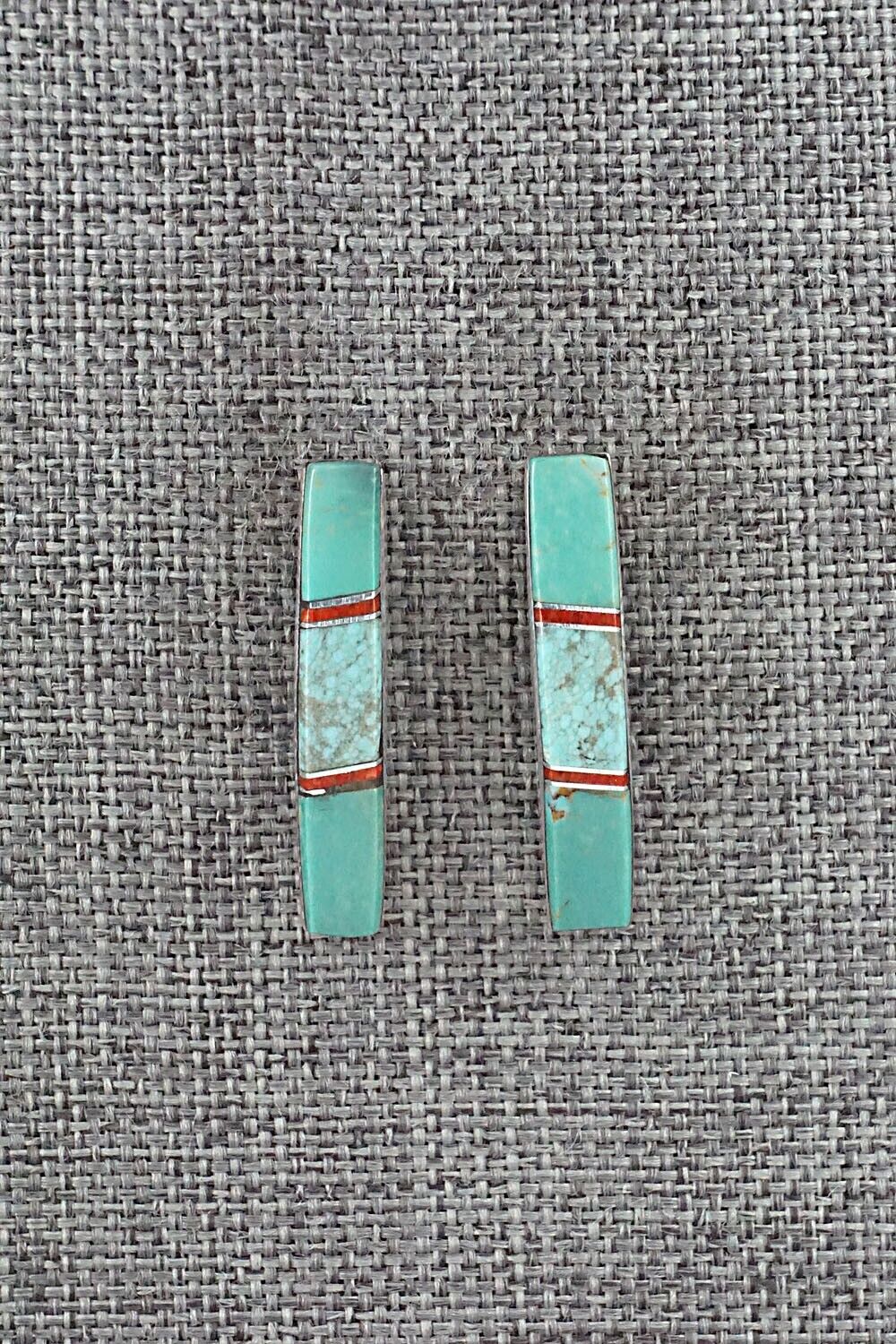 Turquoise, Coral & Sterling Silver Inlay Earrings - Marilyn Yazzie