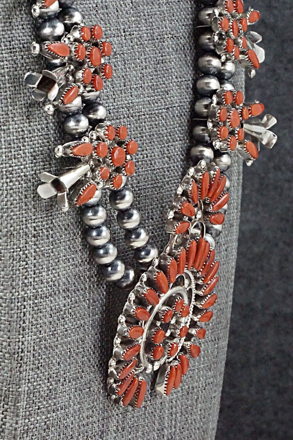 Coral & Sterling Silver Squash Blossom and Earrings Set - Viola Bobelu