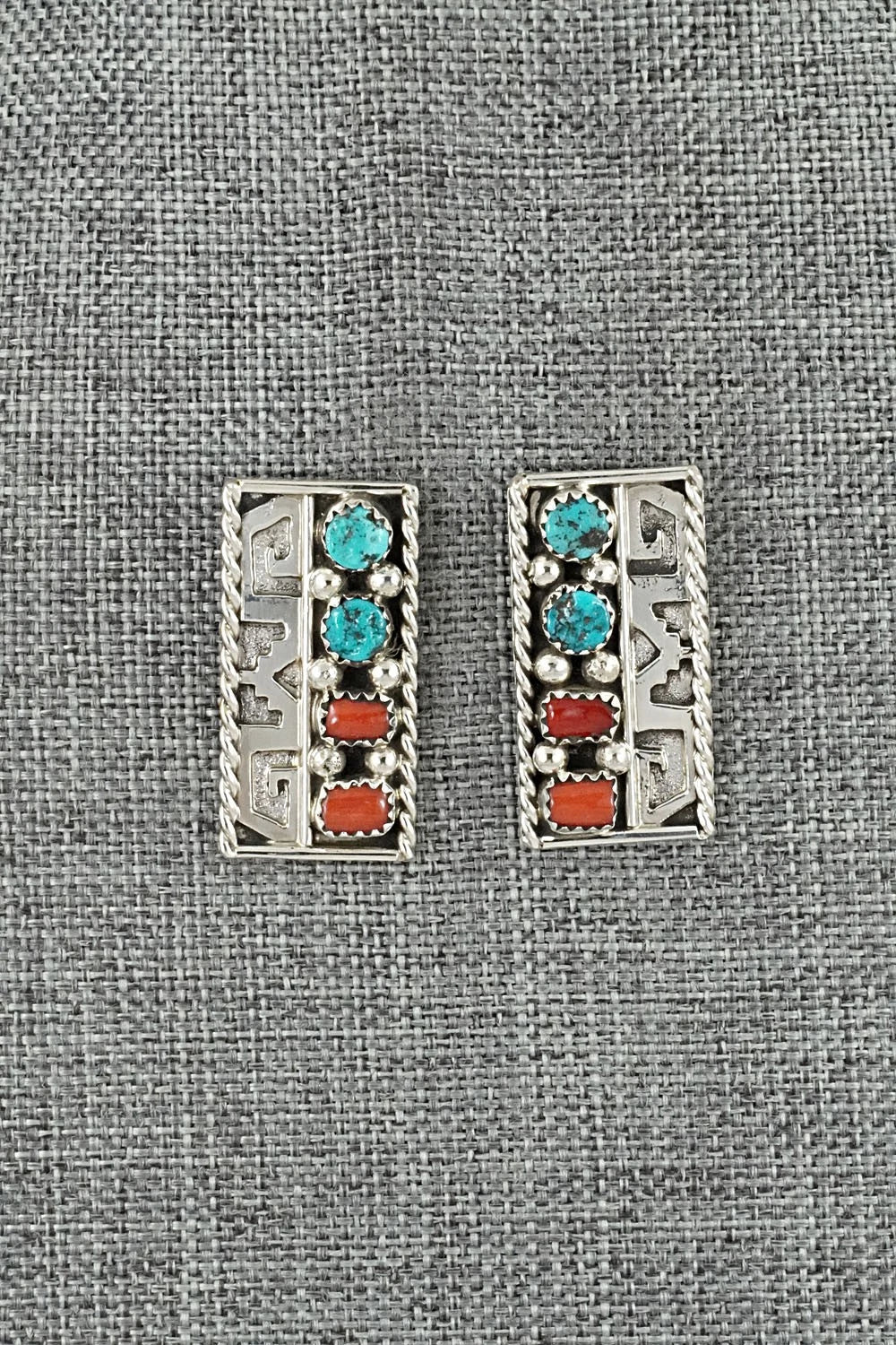 Turquoise, Coral & Sterling Silver Earrings - Ronnie Spencer