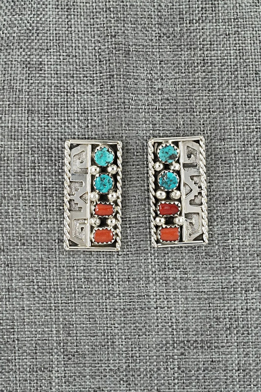 Turquoise, Coral & Sterling Silver Earrings - Ronnie Spencer