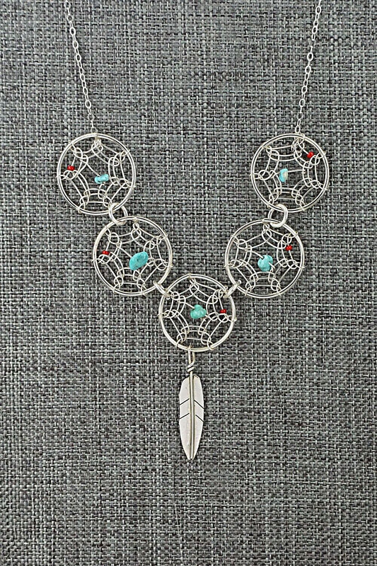 Turquoise, Coral & Sterling Silver Necklace - Lorenzo Arviso Jr.