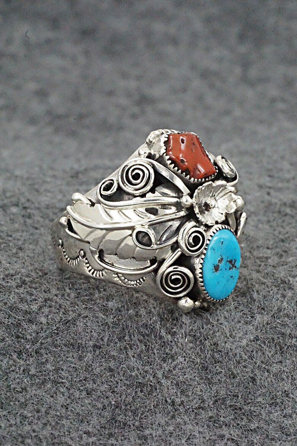 Turquoise, Coral & Sterling Silver Ring - Sarah Yazzie - Size 10.5