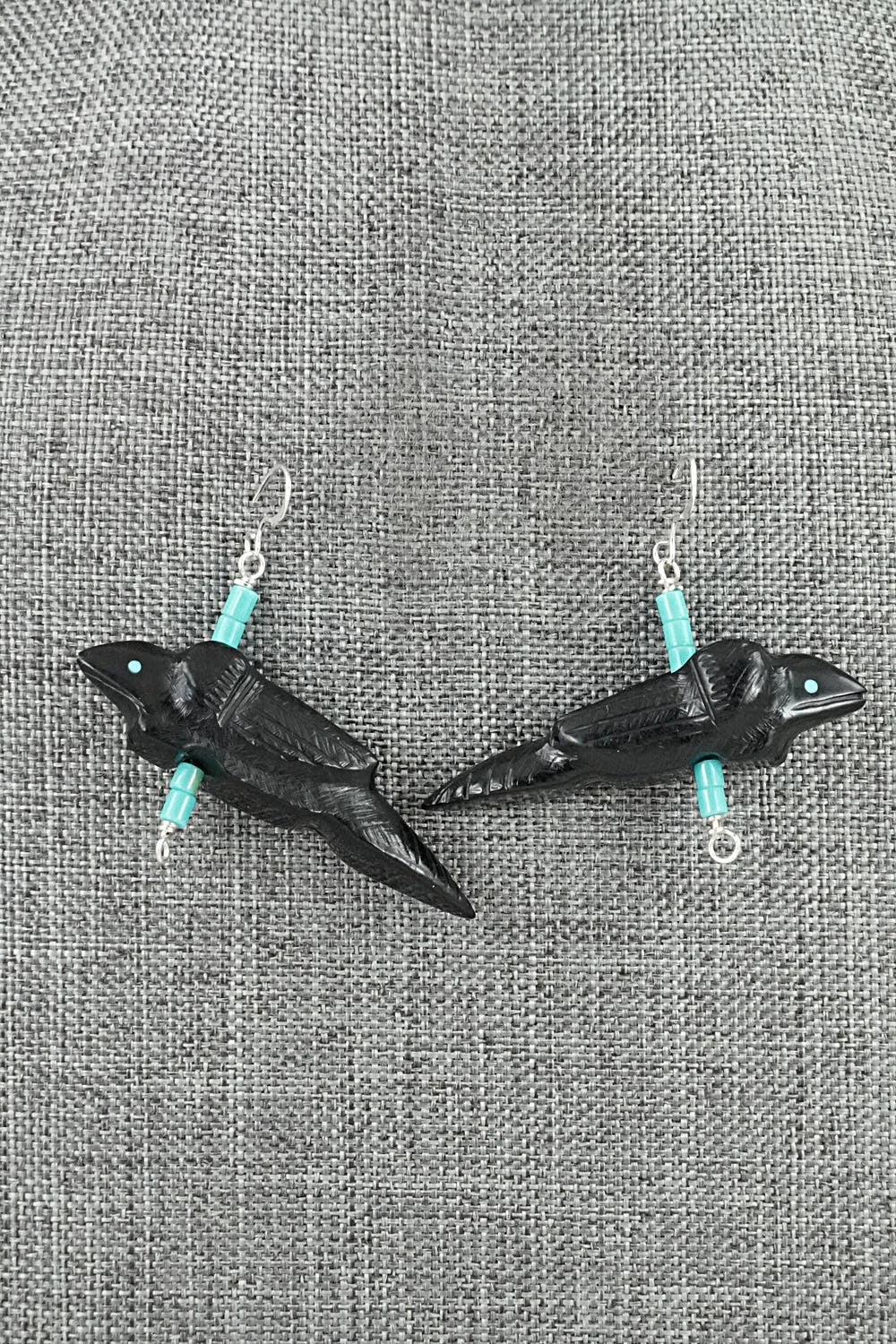 Turquoise, Jet Zuni Fetish & Sterling Silver Earrings - Herbert Halate