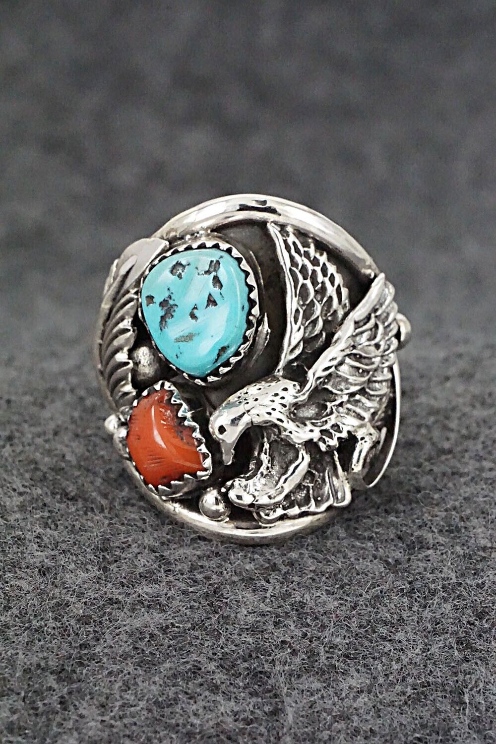 Turquoise, Coral & Sterling Silver Ring - Jeannette Saunders - Size 9.5