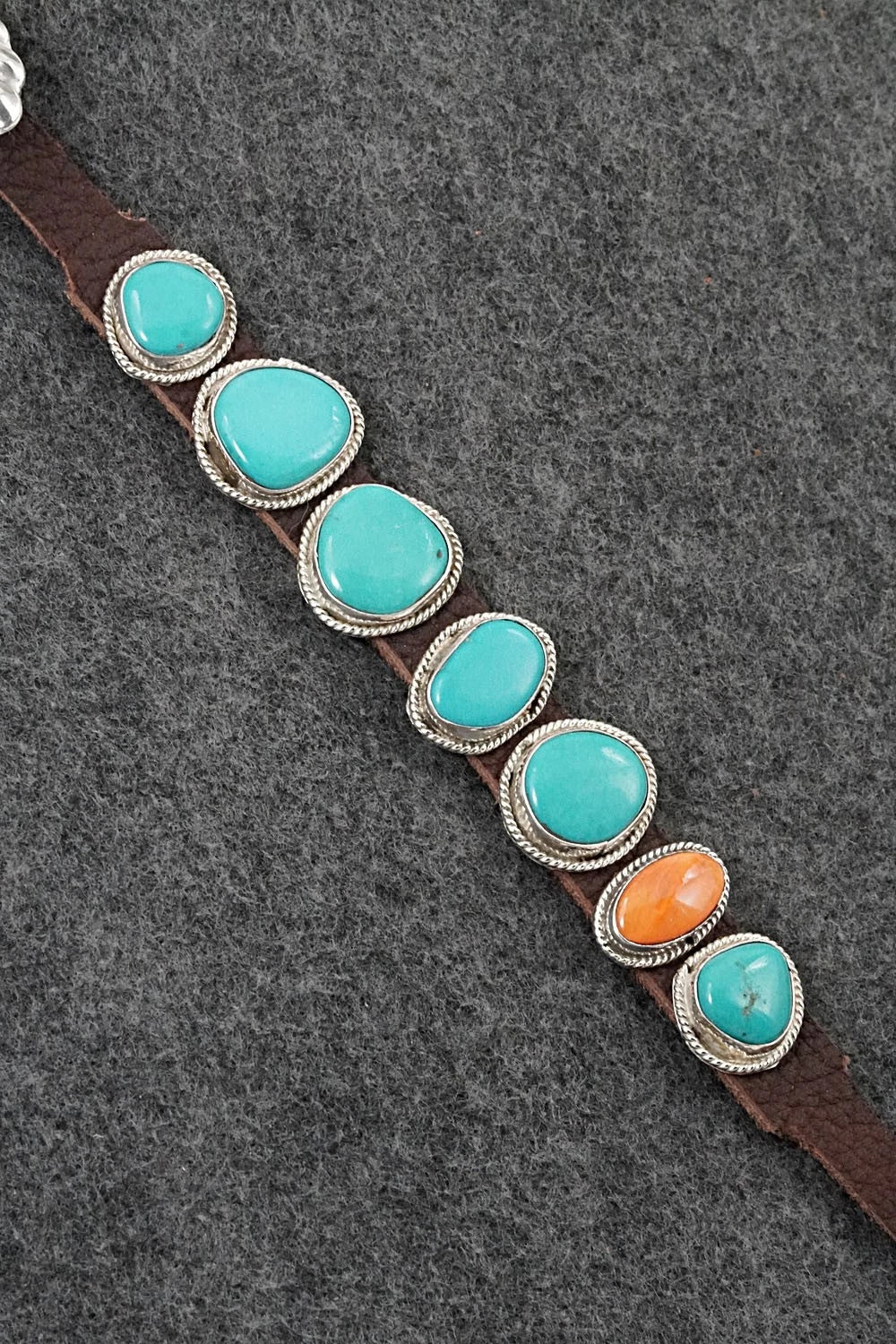 Turquoise, Spiny Oyster, Sterling Silver & Leather Bracelet - Rosita Charlie