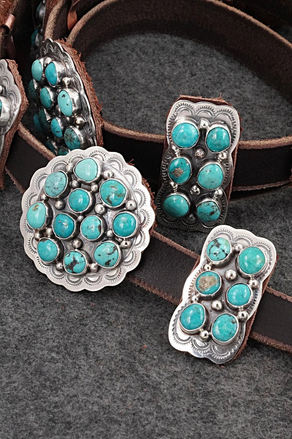 Turquoise, Sterling Silver & Leather Concho Belt - Dan Morgan