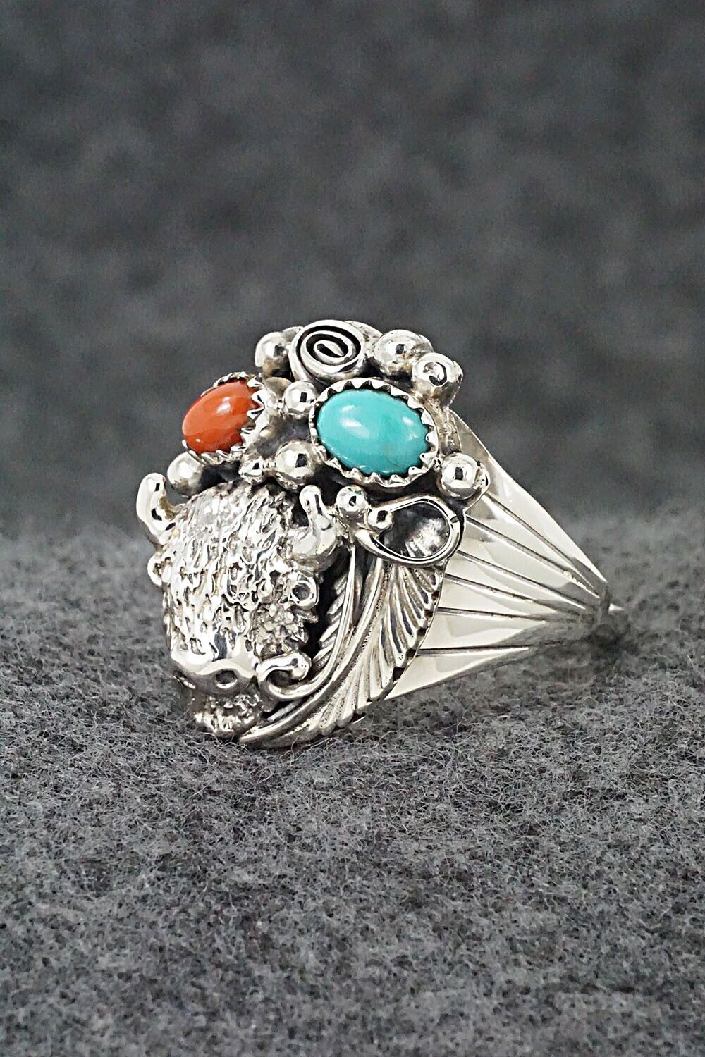 Turquoise, Coral & Sterling Silver Ring - Jeannette Saunders - Size 14