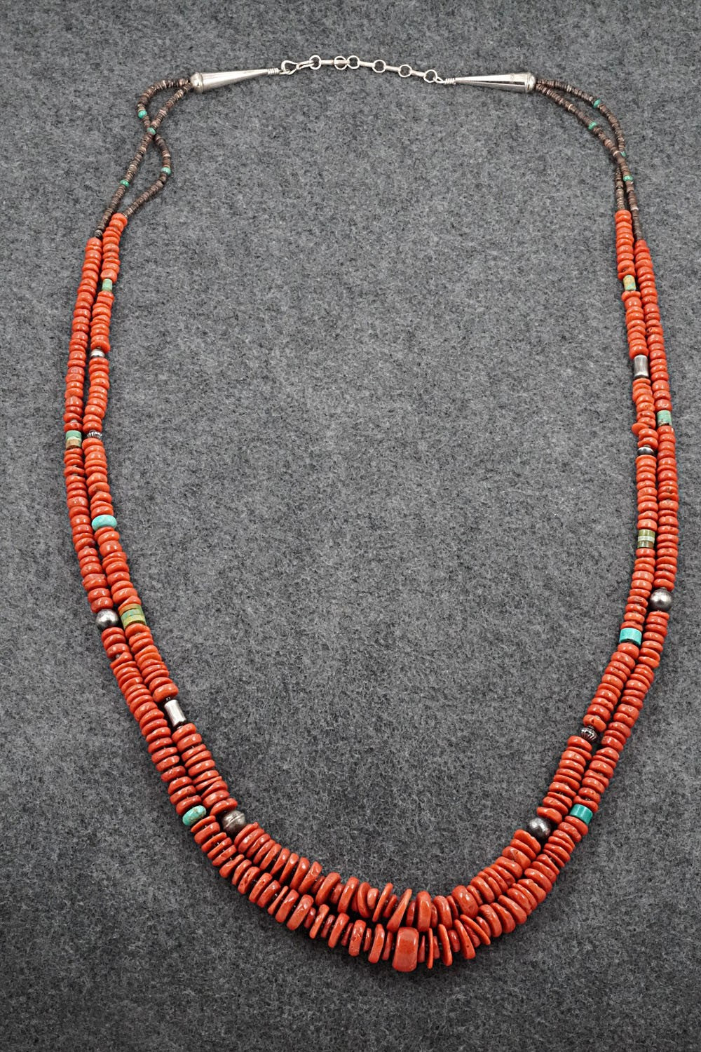 Coral, Turquoise & Sterling Silver Necklace 36" - Helen Tsosie
