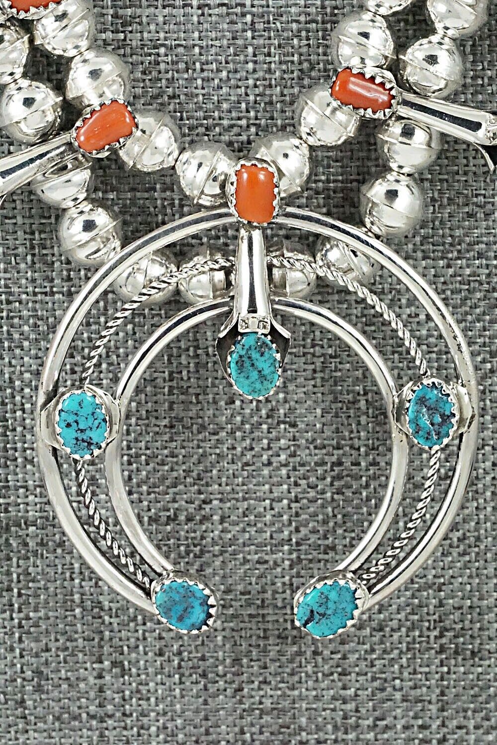 Turquoise, Coral & Sterling Silver Squash Blossom Set - Phil Garcia