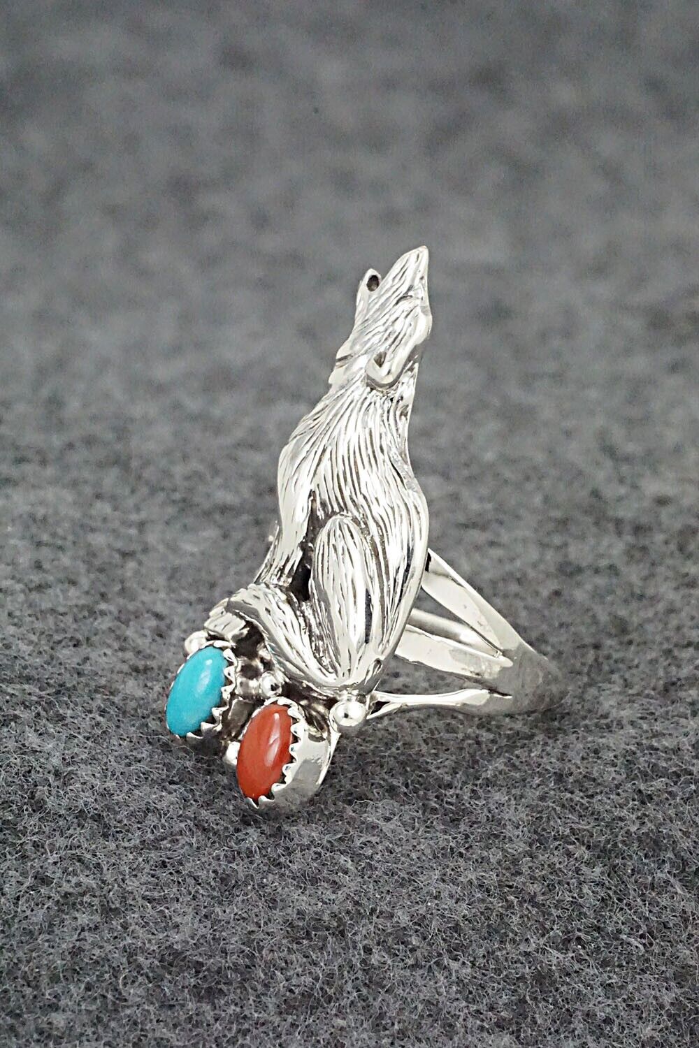 Turquoise, Coral & Sterling Silver Ring - Jerryson Henio - Size 8.5