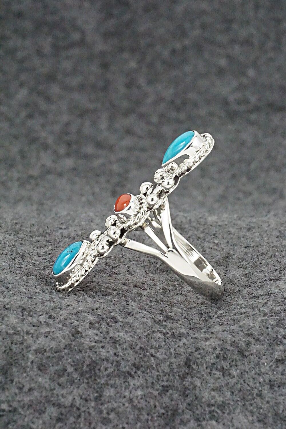 Turquoise, Coral & Sterling Silver Ring - Andrew Vandever - Size 8