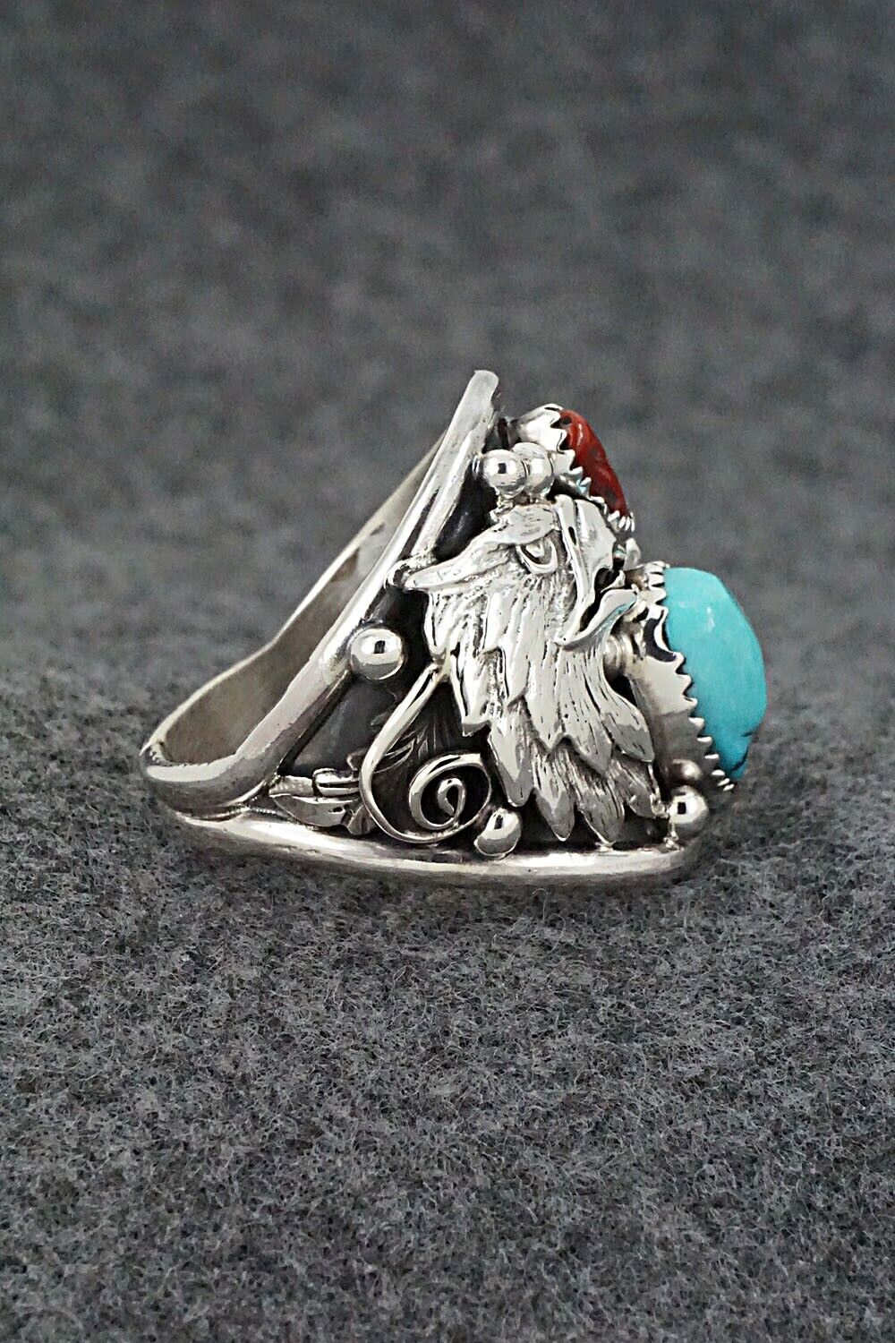 Turquoise, Coral & Sterling Silver Ring - Jeannette Saunders - Size 13.25
