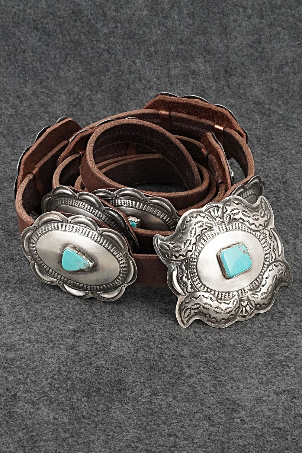 Turquoise, Sterling Silver & Leather Concho Belt - Dan Morgan