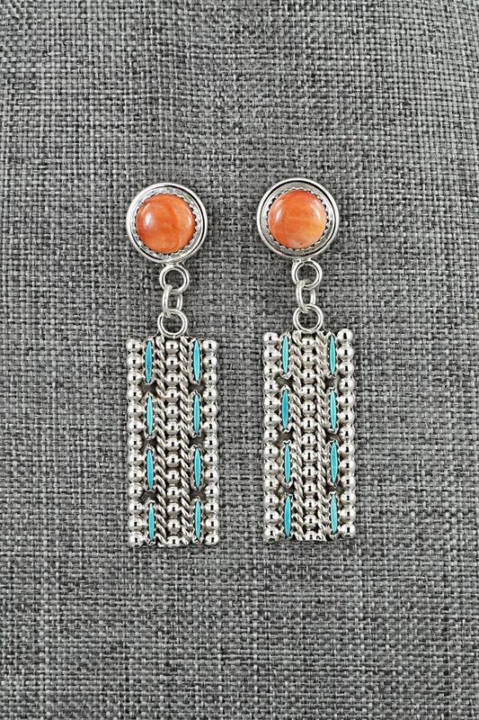 Turquoise, Spiny Oyster & Sterling Silver Earrings - Roland Francisco