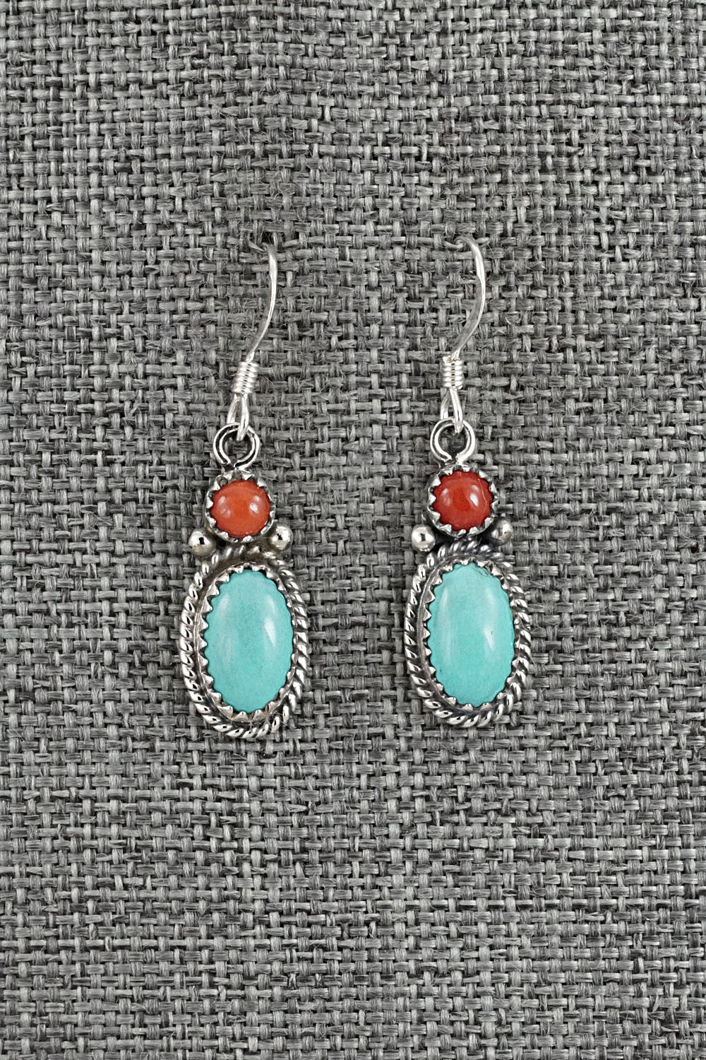 Turquoise, Coral & Sterling Silver Earrings - Verley Betone