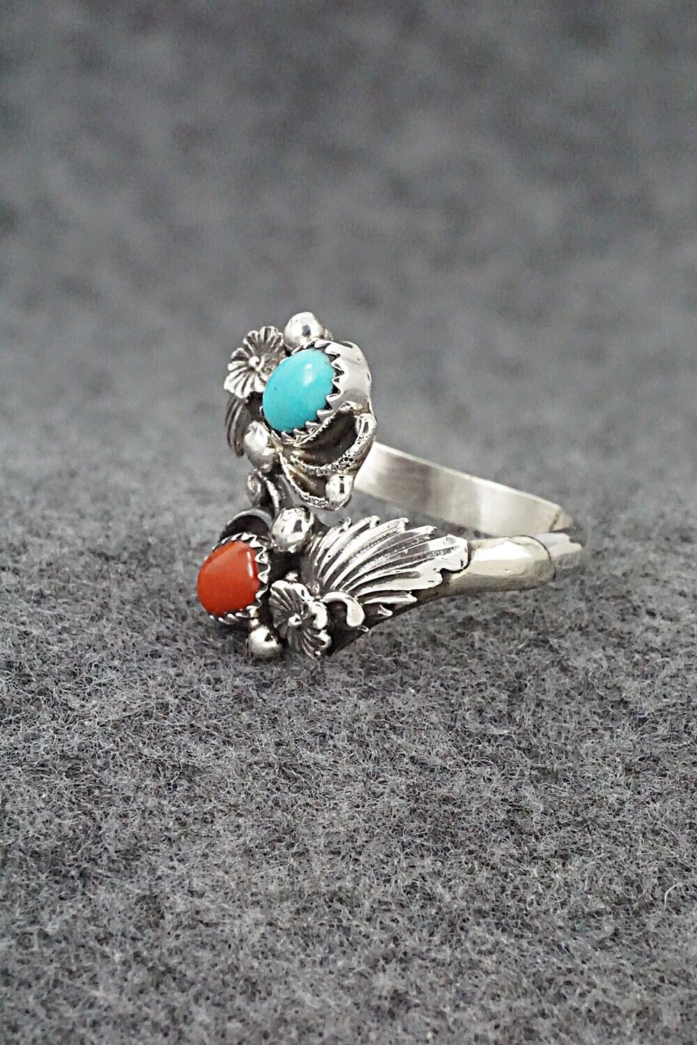 Turquoise, Coral & Sterling Silver Ring - Etta Belin - Size 10