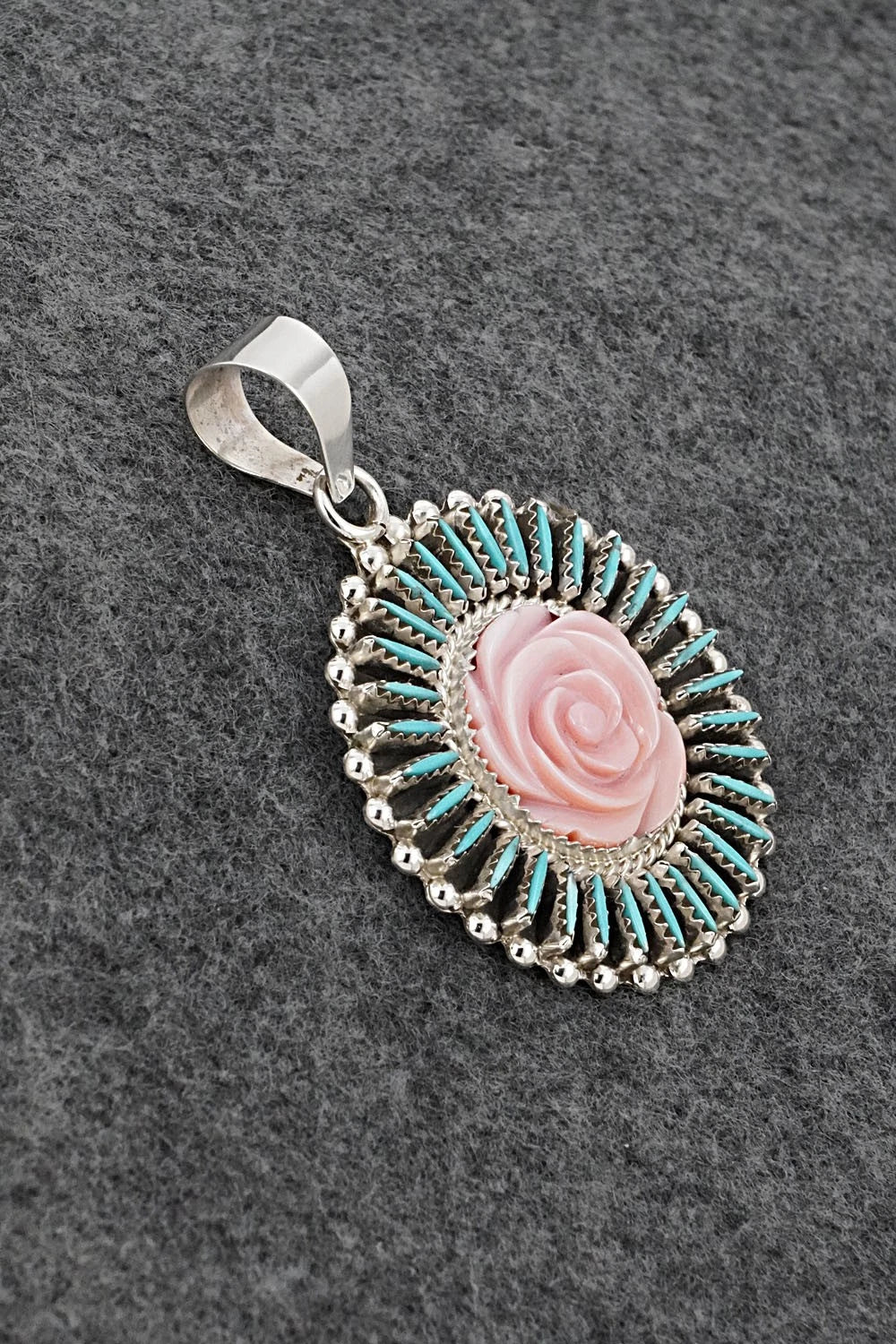 Turquoise, Pink Conch & Sterling Silver Pendant - Roland Francisco