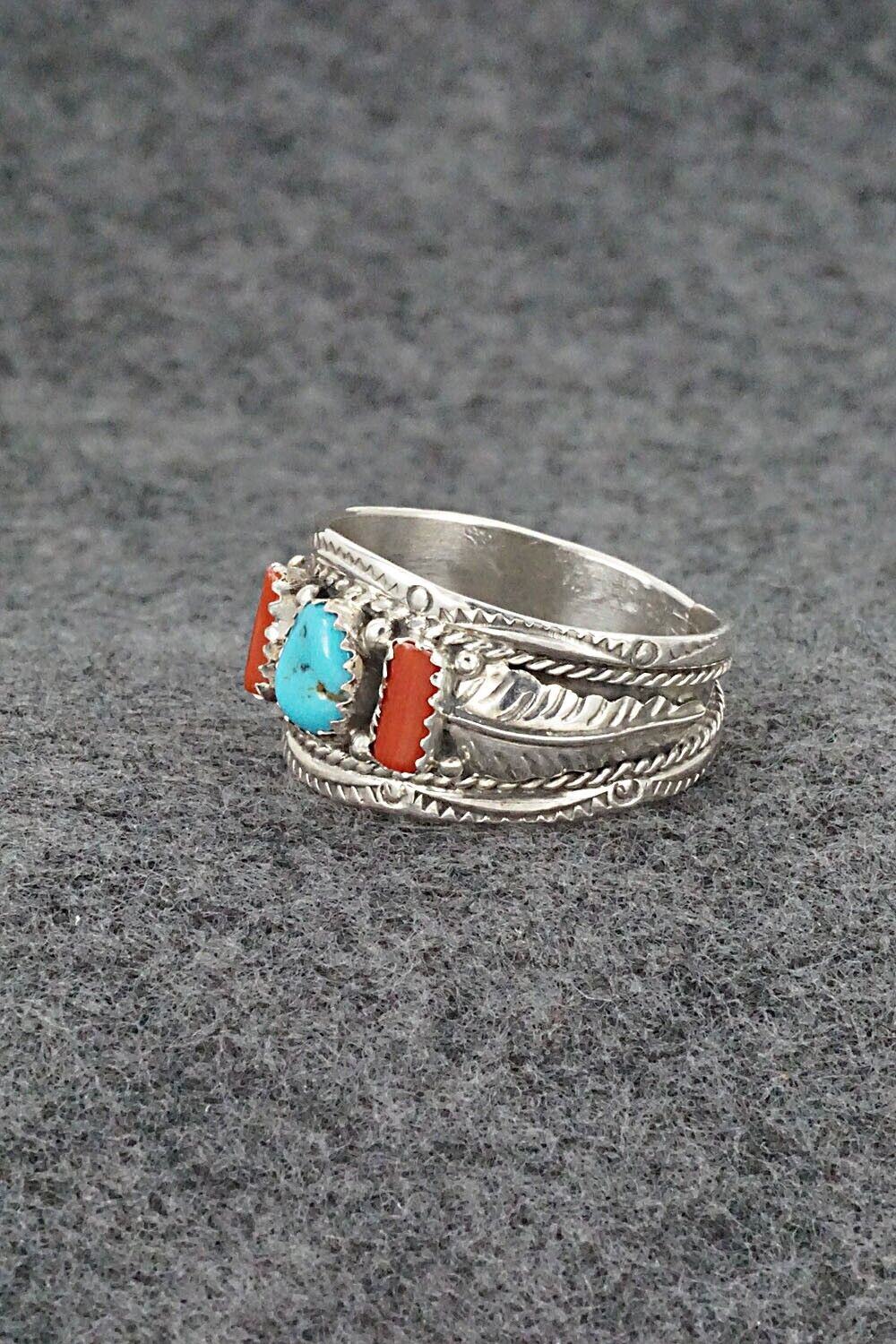 Turquoise, Coral and Sterling Silver Ring - Betty Begay - Size 13.25