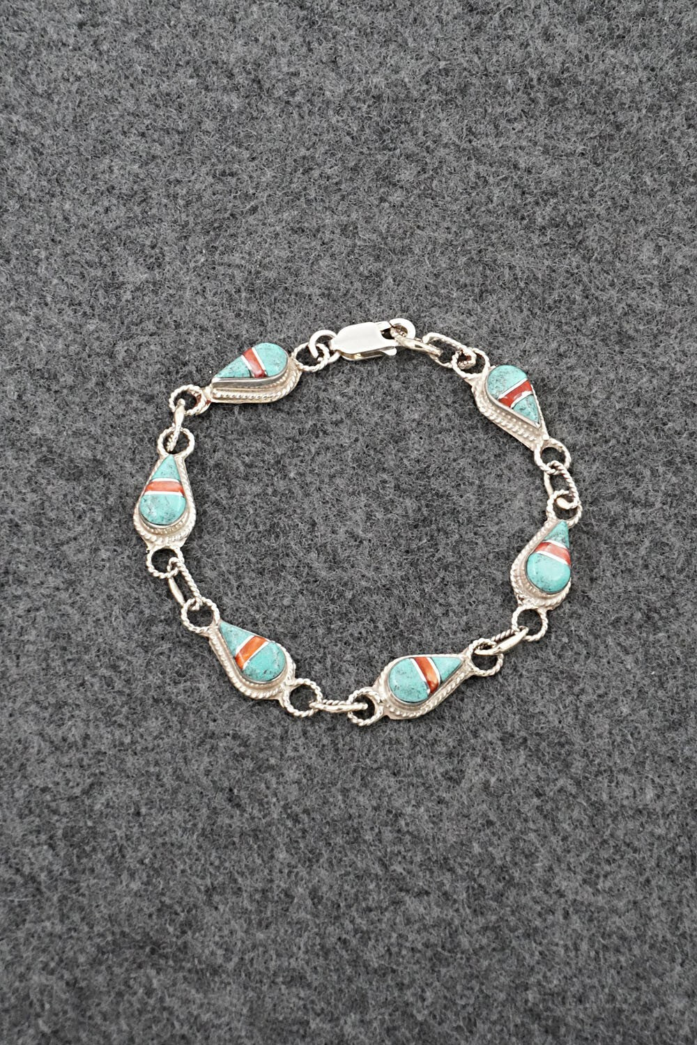 Turquoise, Coral & Sterling Silver Link Bracelet - Terrance Panteah