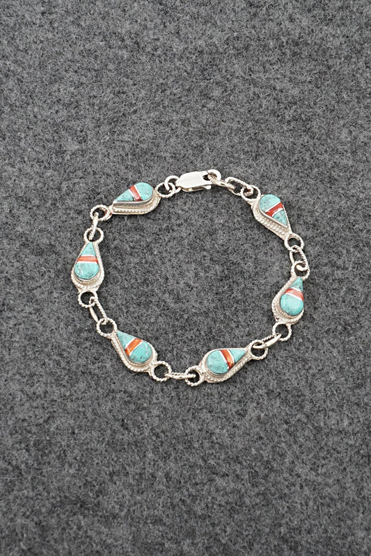 Turquoise, Coral & Sterling Silver Link Bracelet - Terrance Panteah