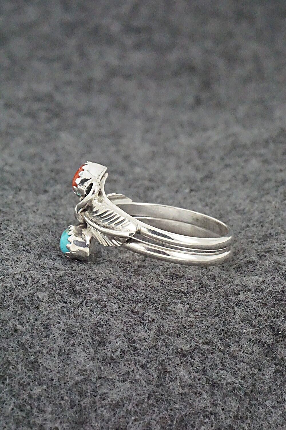 Turquoise, Coral & Sterling Silver Ring - Harry B. Yazzie - Size 8