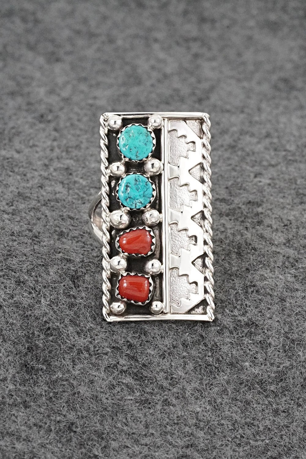 Turquoise, Coral & Sterling Silver Ring - Ronnie Spencer - Size 10