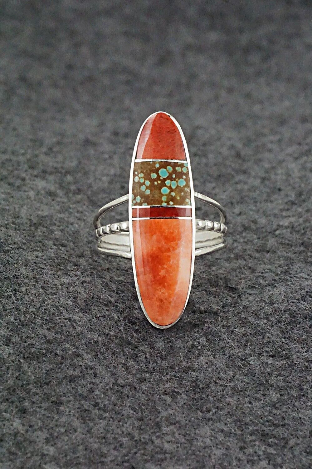 Spiny Oyster, Turquoise, Coral & Sterling Silver Ring - Harold Smith - Size 9
