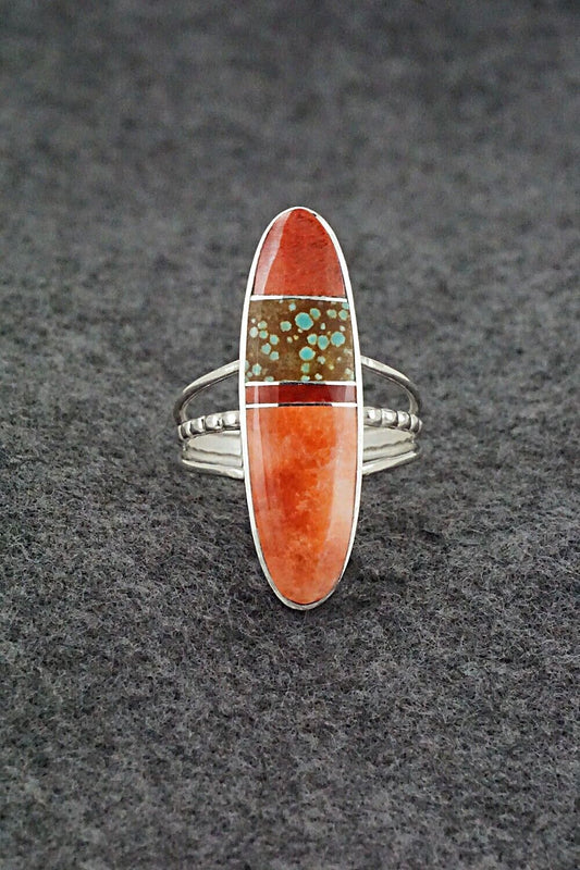 Spiny Oyster, Turquoise, Coral & Sterling Silver Ring - Harold Smith - Size 9