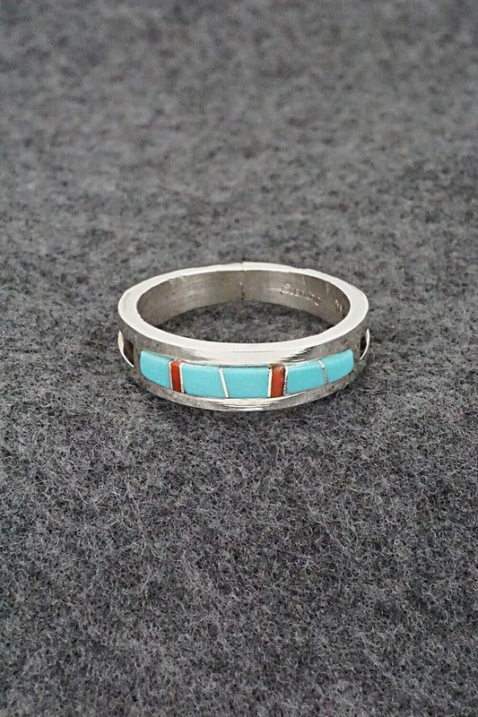 Turquoise, Coral & Sterling Silver Ring - Wilbert Muskett - Size 13