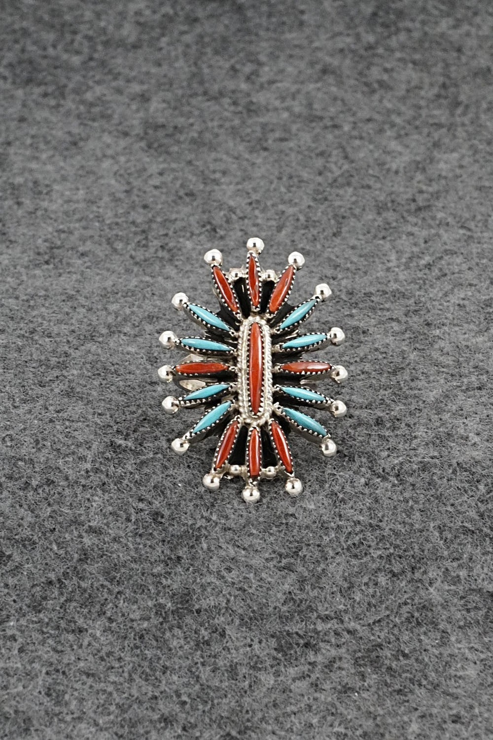 Turquoise, Coral & Sterling Silver Ring - Jack Etsate - Size 8.5