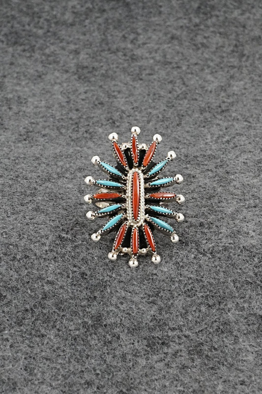 Turquoise, Coral & Sterling Silver Ring - Jack Etsate - Size 8.5
