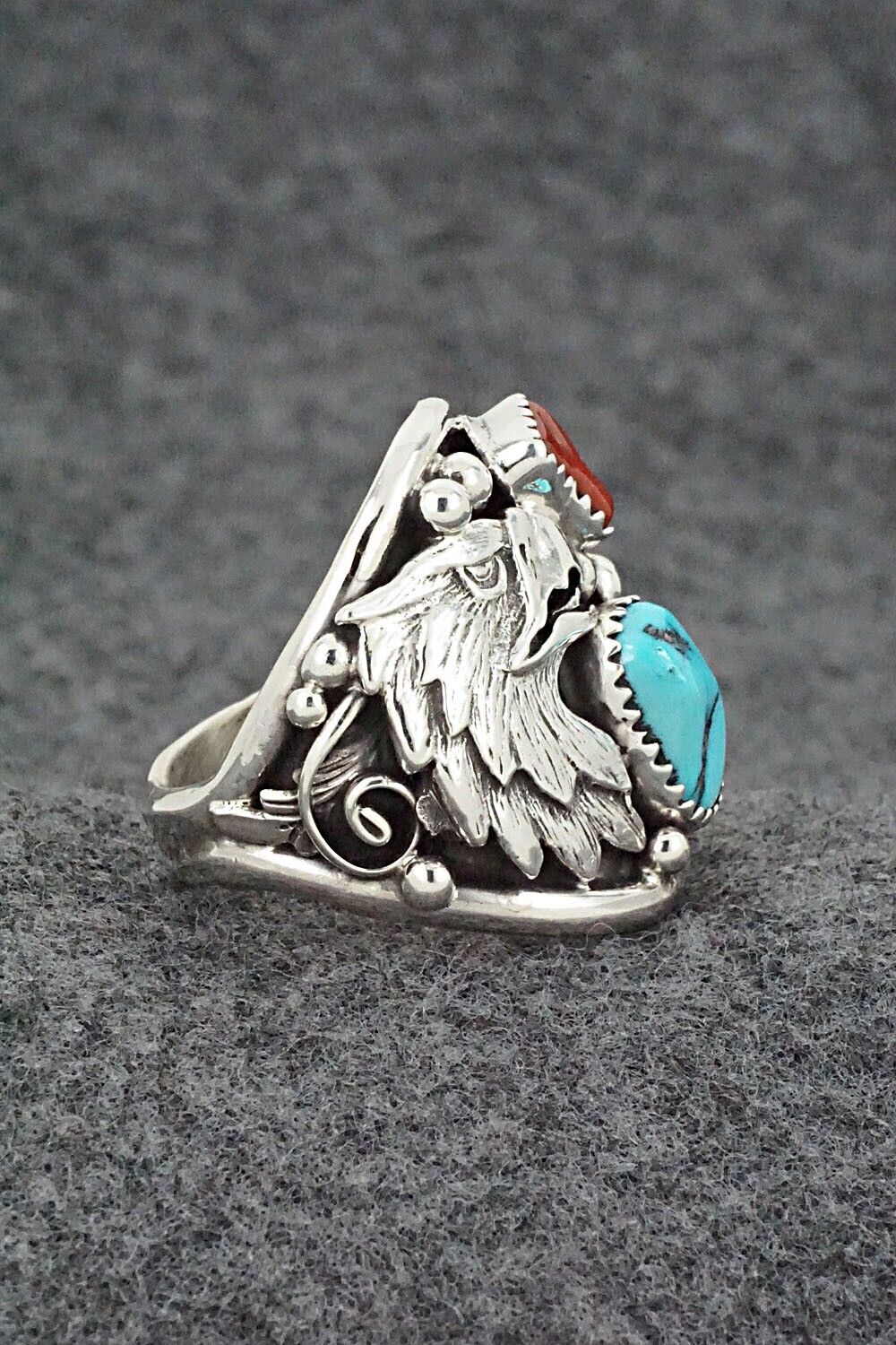 Turquoise, Coral & Sterling Silver Ring - Jeannette Saunders - Size 10