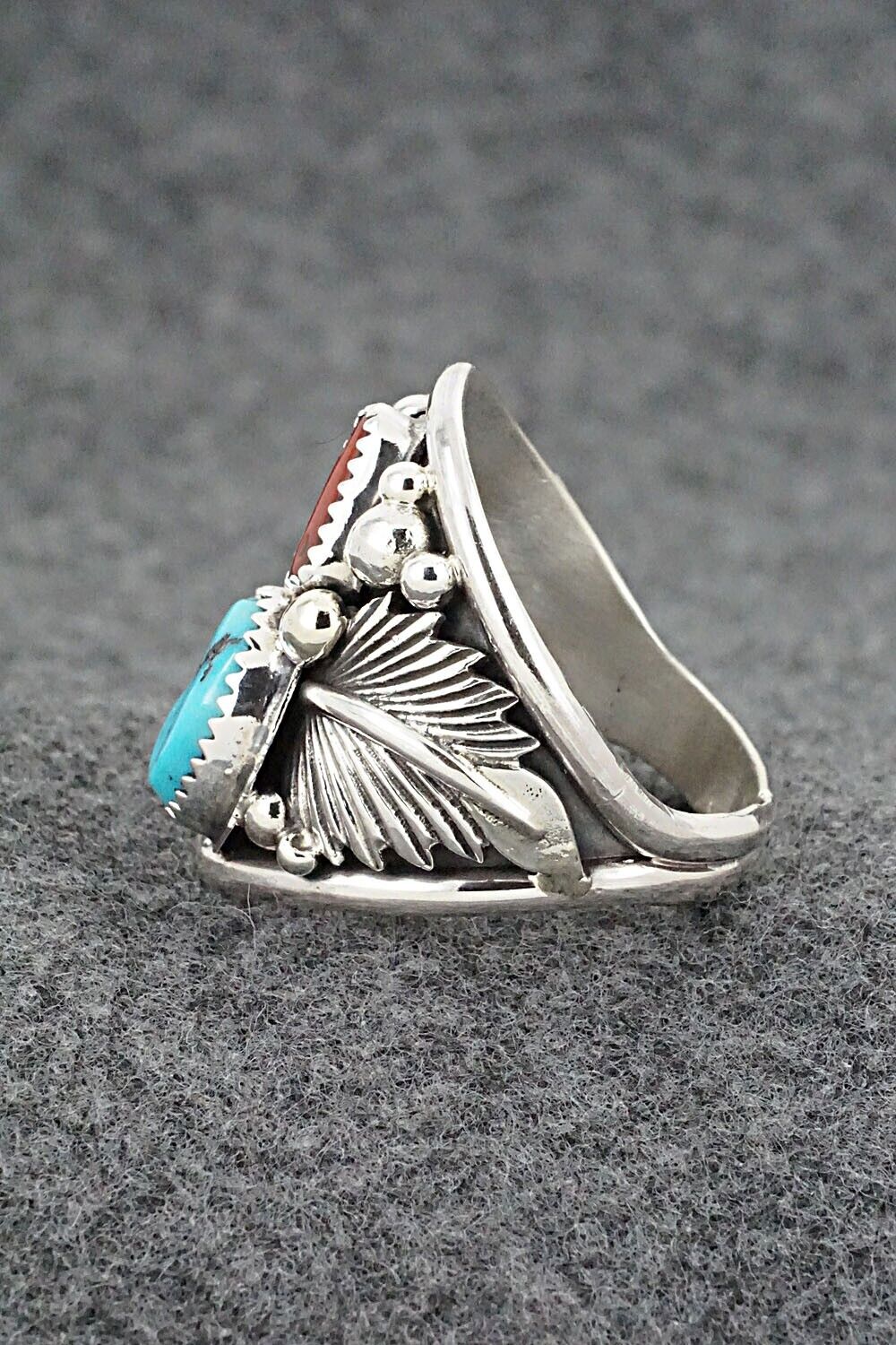 Turquoise, Coral & Sterling Silver Ring - Jeannette Saunders - Size 13