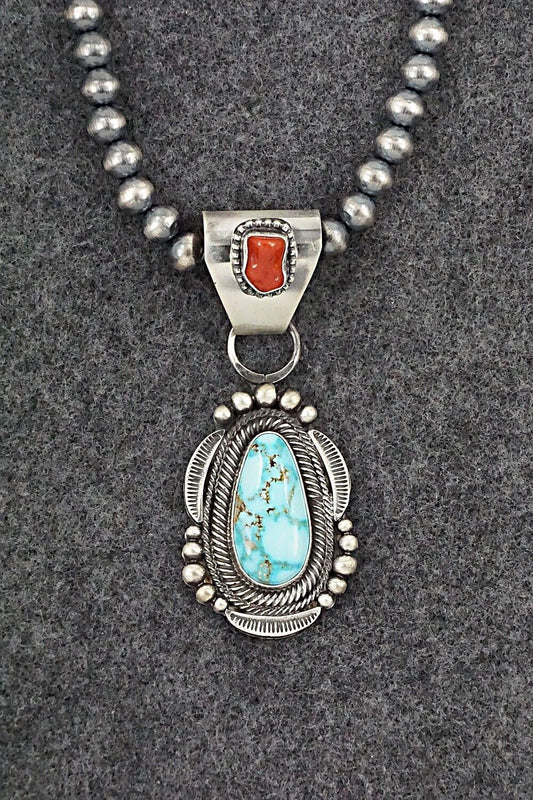 Turquoise, Coral & Sterling Silver Necklace - Tom Lewis
