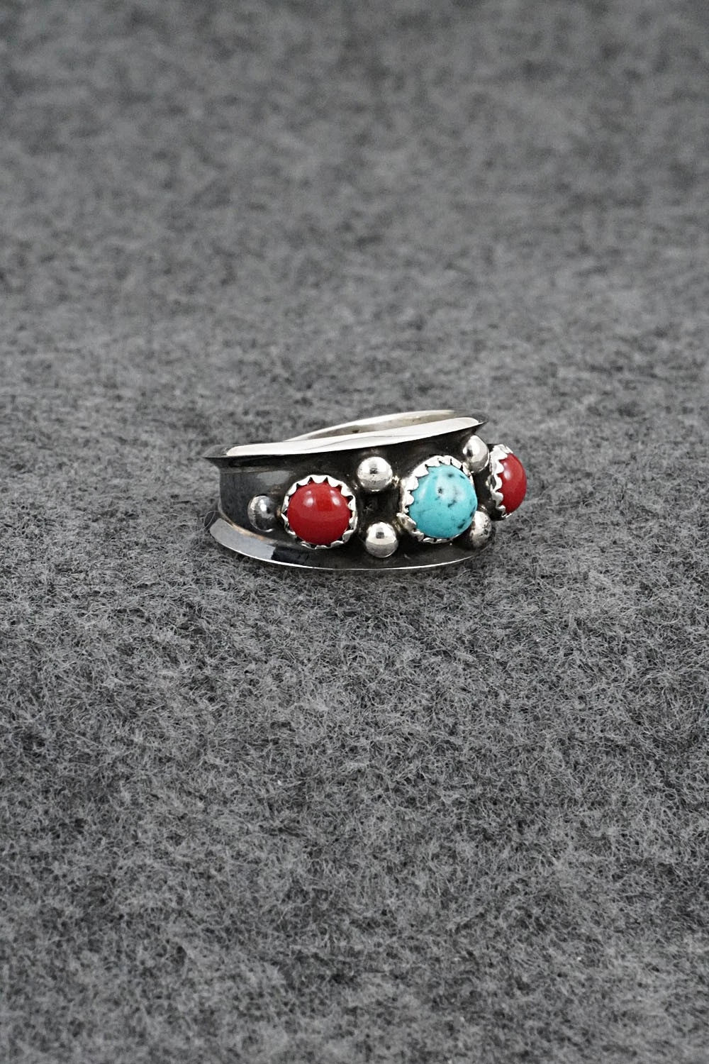 Turquoise, Coral & Sterling Silver Ring - Paul Largo - Size 8.5