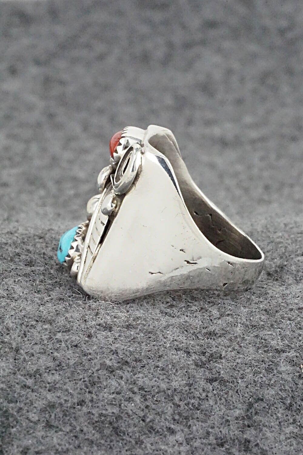 Coral, Turquoise & Sterling Silver Ring - Wilbur Myers - Size 9