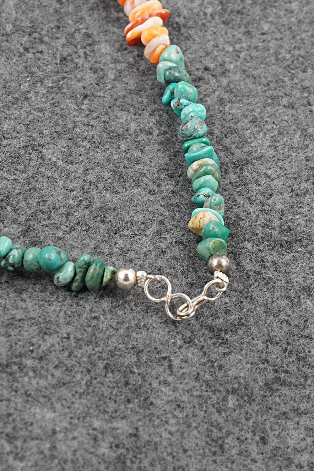 Turquoise, Spiny Oyster & Sterling Silver Necklace 17" - Doreen Jake