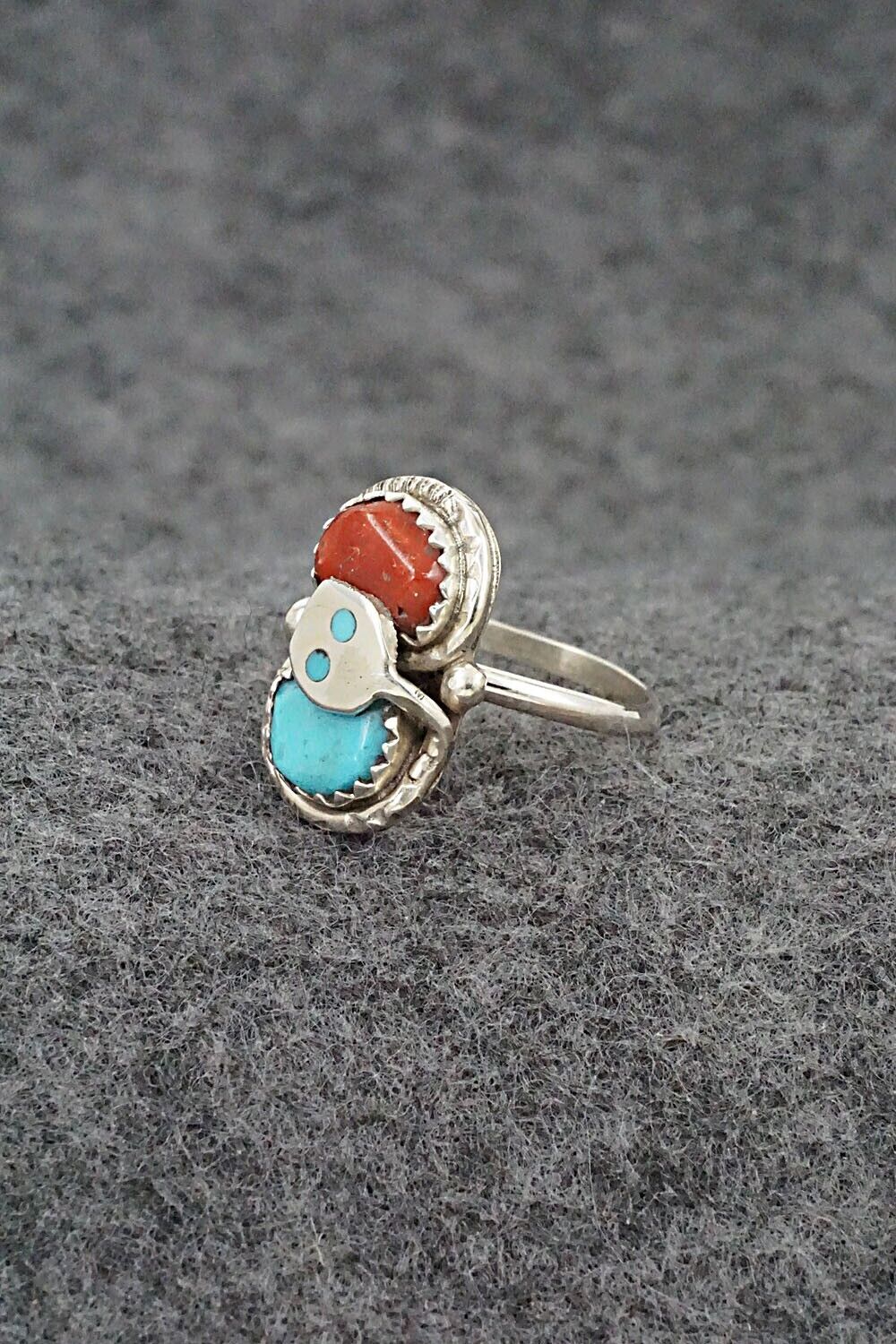 Turquoise, Coral & Sterling Silver Ring - Joy Calavaza - Size 5.75