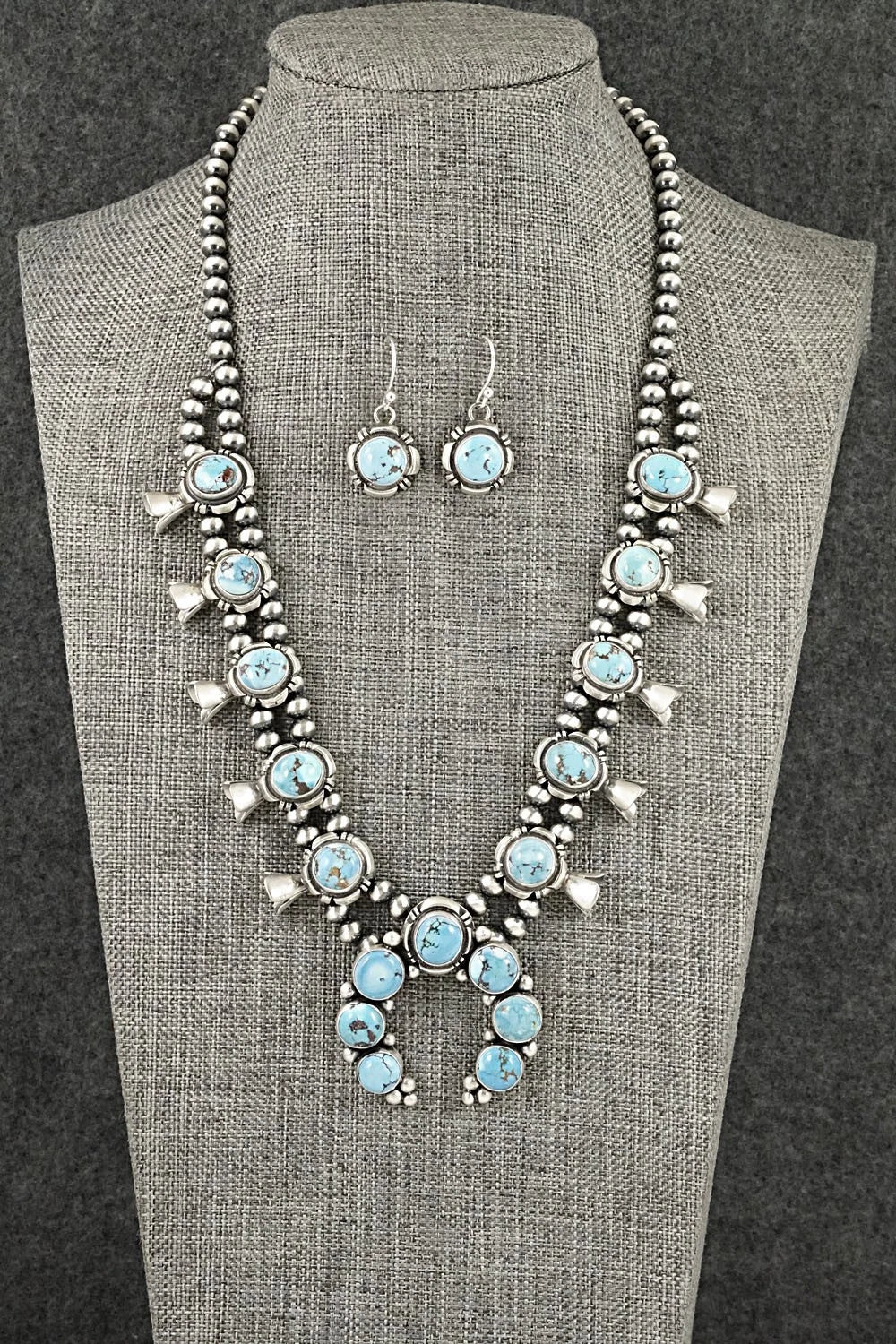Turquoise & Sterling Silver Squash Blossom Necklace Set - Mark Yazzie