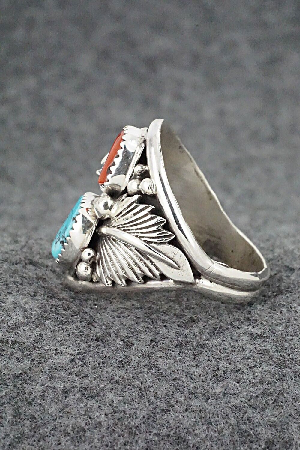 Turquoise, Coral & Sterling Silver Ring - Jeannette Saunders - Size 13.75